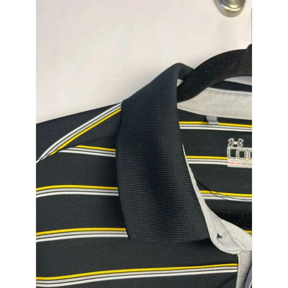 Under Armour HeatGear Golf Polo Black Yellow Stripe Tree Logo Custom Logo Large - Picture 3 of 12